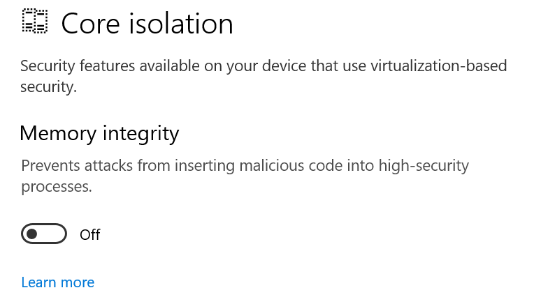 Core isolation details with Memory integrity toggle