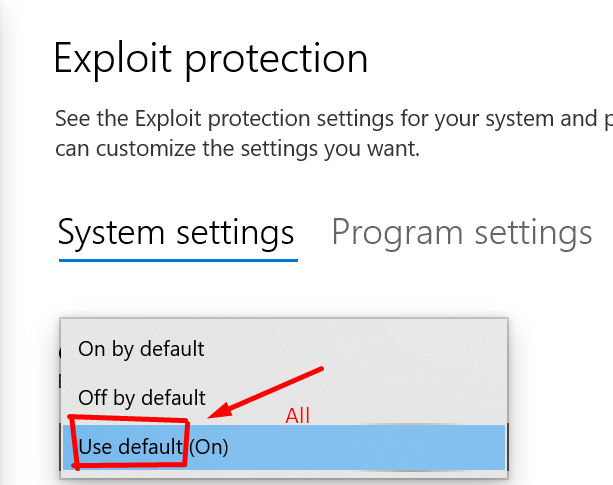 Example showing 'Use default' selection for Exploit Protection items