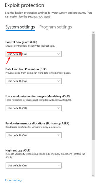 Exploit Protection overview showing all options at default