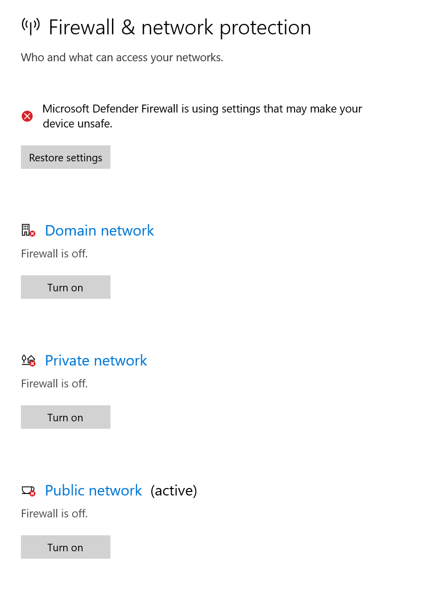 Windows Defender Firewall disabled status example