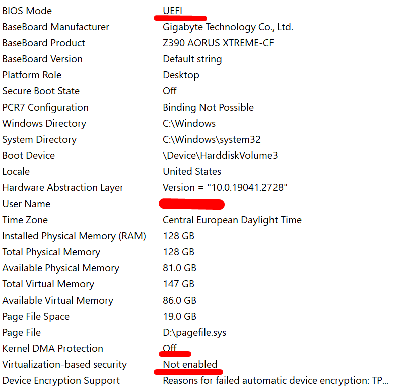 Example msinfo32 with VBS not enabled and Kernel DMA Protection off