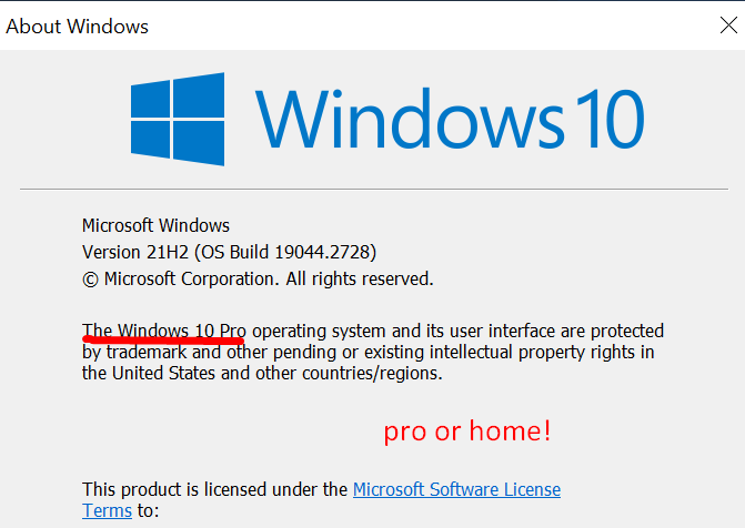 winver dialog showing Windows edition and version